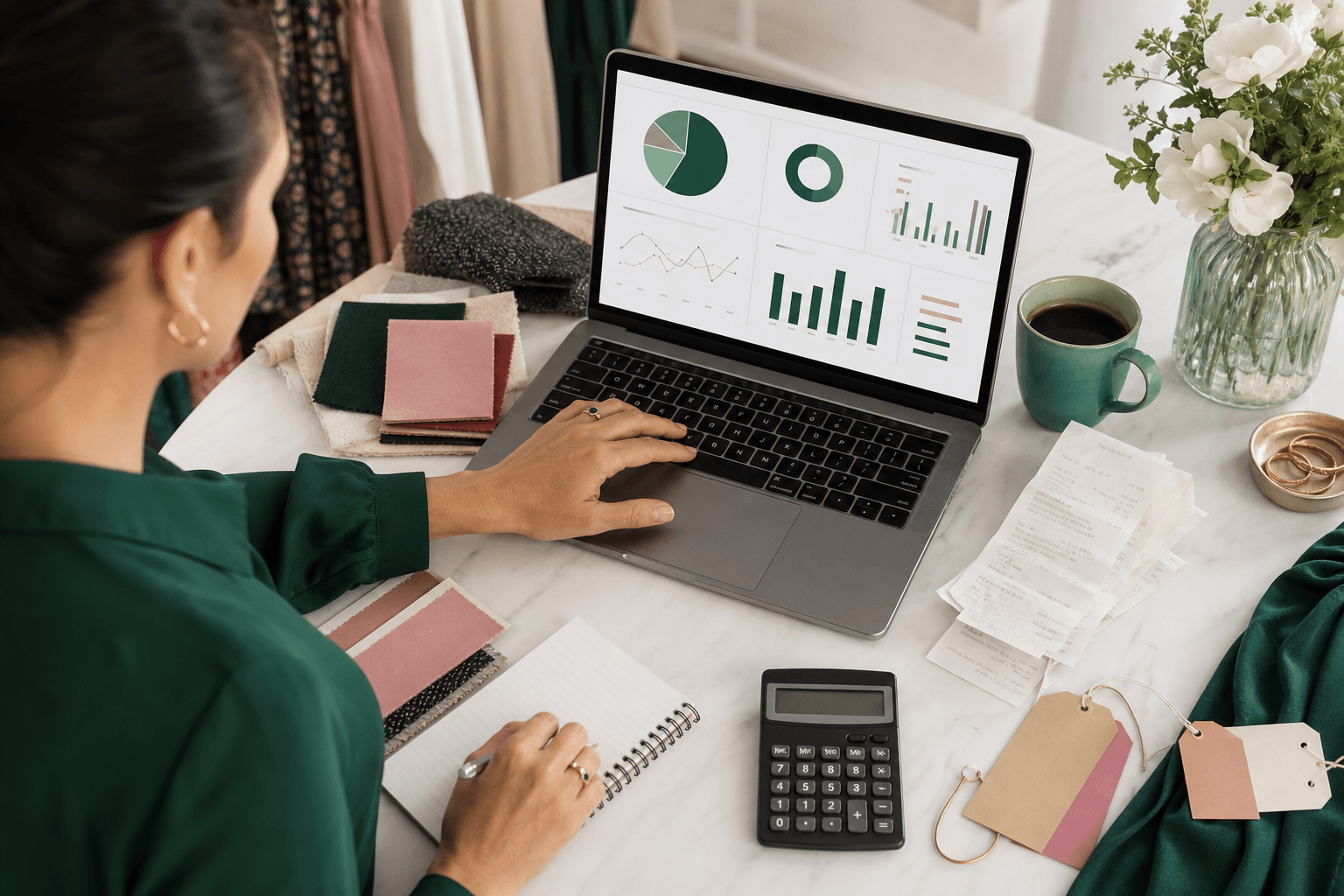 Boutique owner reviewing revenue, expenses, and profit