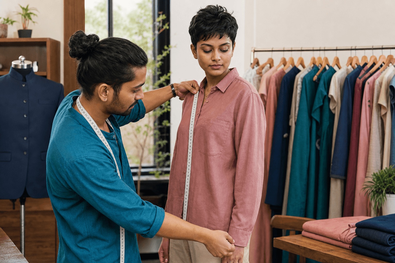 Tailor taking an inclusive customer measurement in a boutique