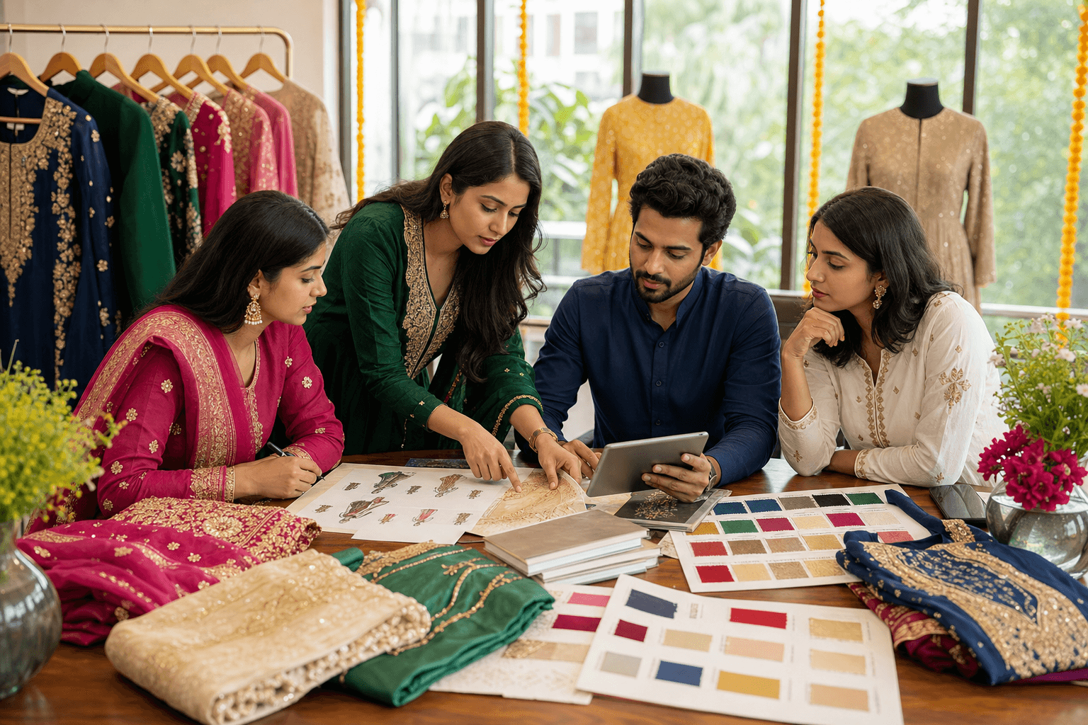 Boutique team planning a festive collection with fabric and stock records