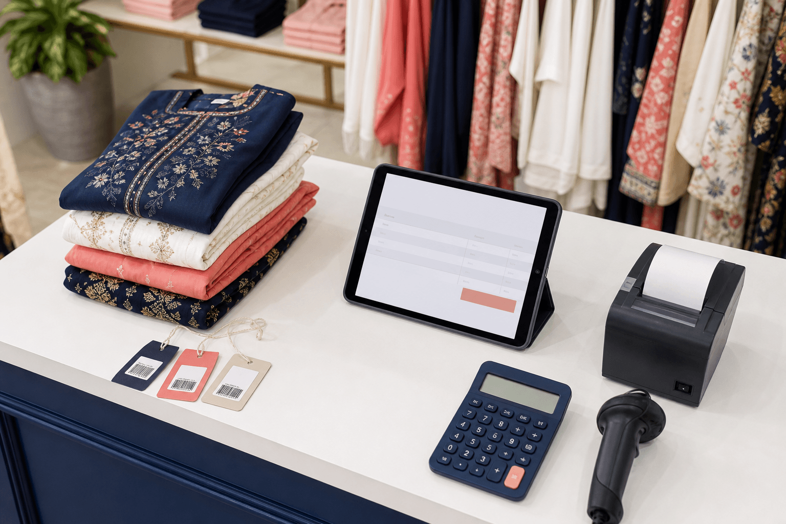 Fashion boutique workspace prepared for accurate customer billing
